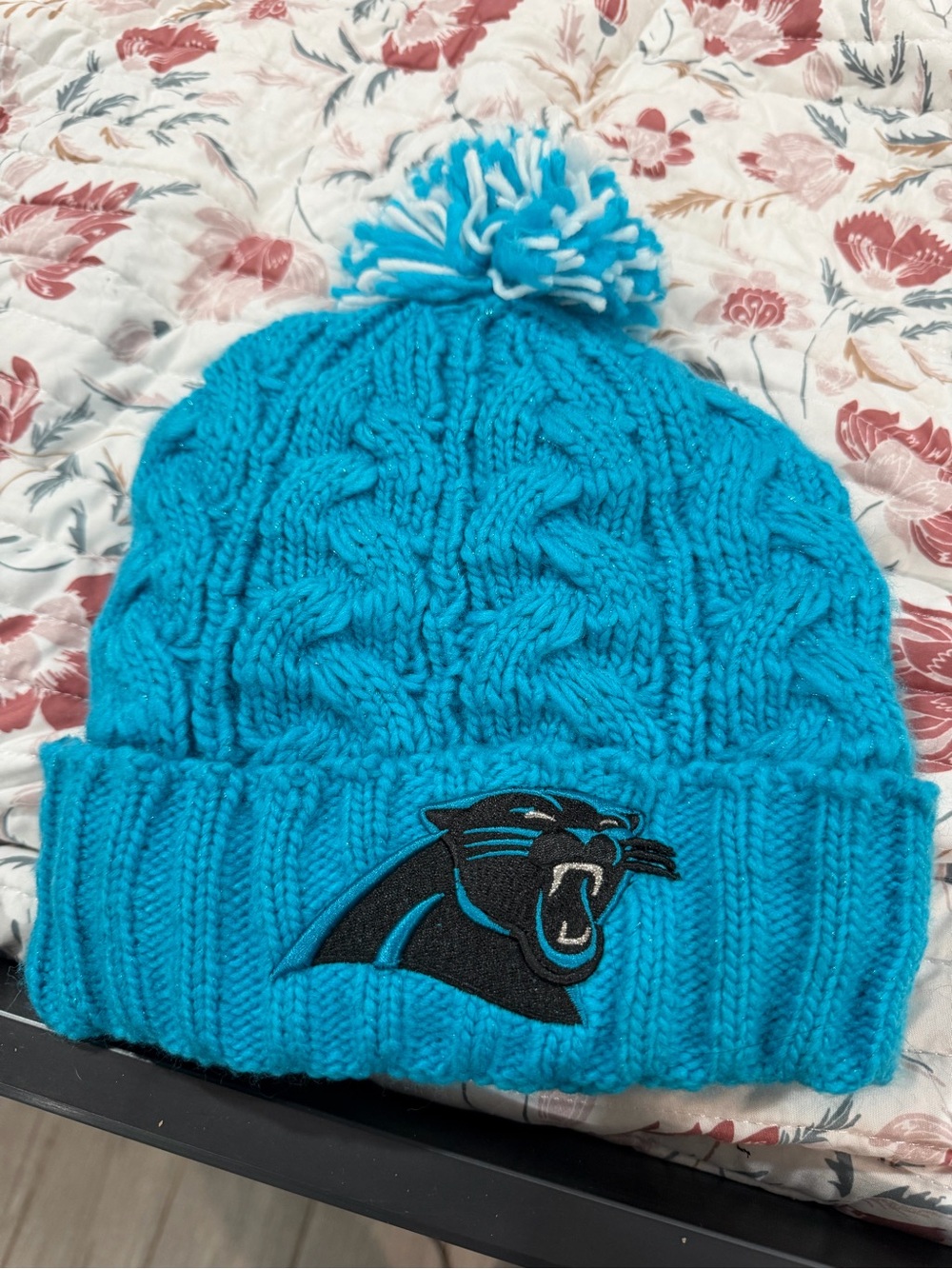 Panthers Teal Knit Pom Beanie